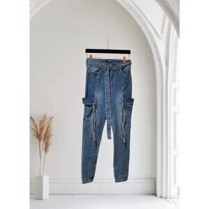 Fashion Nova Unique Belted Cargo Straight Leg Medium Wash Denim Medium